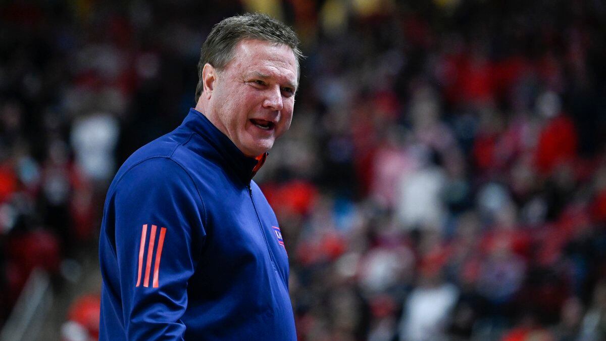 Kansas head coach Bill Self reacts to a call on the sideline against Texas Tech during the...