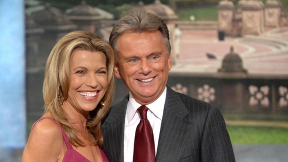 Co-host Vanna White and host Pat Sajak make an appearance at Radio City Music Hall for a taping of celebrity week on "Wheel of Fortune," hosted by People Magazine. (AP Photo/Peter Kramer)